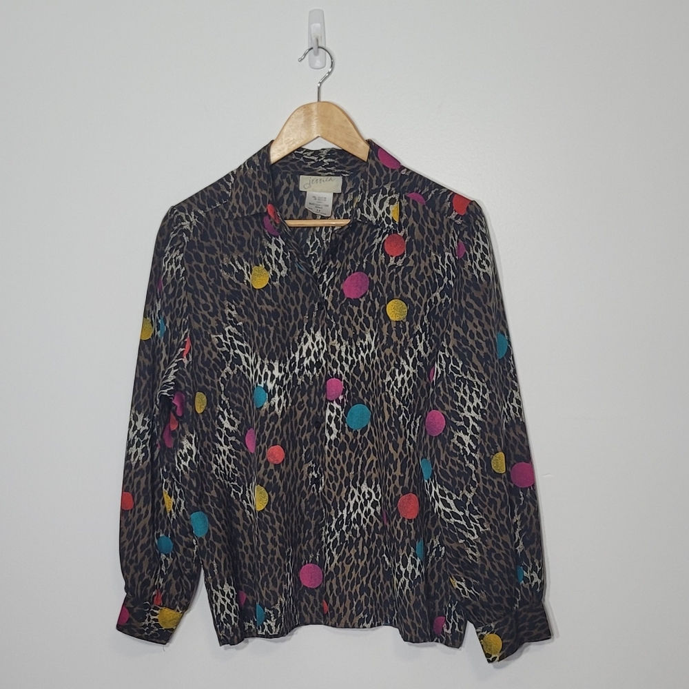 Vintage Animal Print Mutlicolored Polka Dots Long Sleeve Button Down Blouse 14